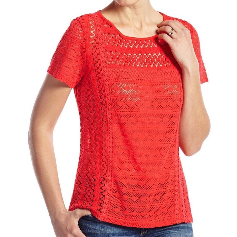 Lucky Brand Red Crochet Style Short Sleeve Bohemian Small Top EUC